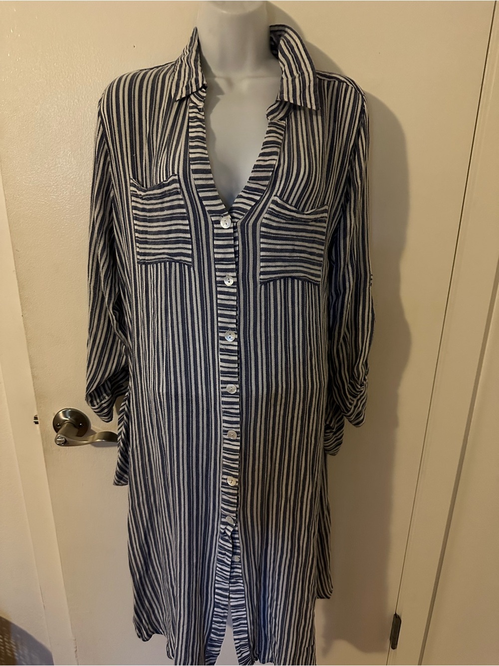 blue island Navy and White Vertical-Stripe Long Sleeve Shirt Dress